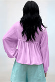 Phalaenopsis Corded Turn-down V Neck Bubble Sleeve Babydoll Blouse