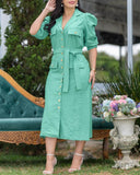 Turn down Collar Puff Sleeve Button Front Midi Dress Casual Pocket Design A Line Dress with Belt