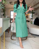 Turn down Collar Puff Sleeve Button Front Midi Dress Casual Pocket Design A Line Dress with Belt