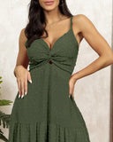 Polka Dot V Neck Spaghetti Strap High Waist Dress Casual Twist Ruffle Hem A Line Flowy Maxi Dress