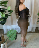 Ombre Rhinestone Off Shoulder Sheer Mesh Ruched Slim Fit Bodycon Sleeveless Party Dress