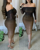 Ombre Rhinestone Off Shoulder Sheer Mesh Ruched Slim Fit Bodycon Sleeveless Party Dress