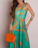 Floral Print V Neck Shoulder Lace Up Jumpsuit Casual Pocket Design Zipper Wude Leg Romper