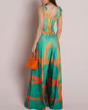 Floral Print V Neck Shoulder Lace Up Jumpsuit Casual Pocket Design Zipper Wude Leg Romper