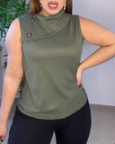 Asymmetrical Neck Sleeveless Waffle Tank Casual Button Decor Slim Fit Top