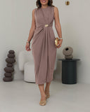 Sleeveless Round Neck Waist Metal Decor Ruched Dress Casual Slit Straight Midi Dress