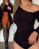 Skew Neck Beaded Slim Fit Long Sleeve Bodysuit Casual Rompers