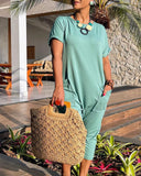 Round Neck Short Sleeve Pocket Design Jumpsuit Casual Loose Fit Harem Capris Romper