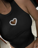 Rhinestone Heart Pattern Hollow out Sleeveless Tank Casual Slim Fit Knit Top