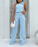 2 Pieces Outfit Striped Print One Shoulder 3D Flower Decor Tank Top and Casual Wide Leg Pants Set