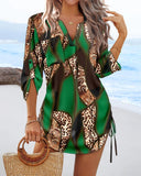 Leopard Colorblock V Neck Roll Up Sleeve Hollow out Drawstring Mini Dress Cover ups