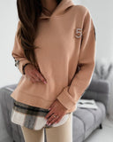 Colorblock Plaid Pattern Hoodie Side Slit Pullover Casual Sweatshirt With Brooch