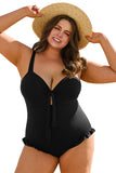 Black Plus Size Textured Knotted Ruffled Trim One Piece Swimwear