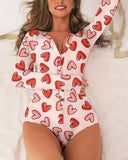 Valentine's Day Heart Pattern Button Front Long Sleeve Rompers Onesie Pajamas