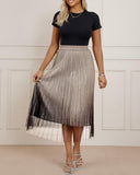 Ombre Sheer Mesh Patch A Line Pleated Glitter Skirt