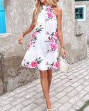 Floral Print Halter Casual Pleated Dress