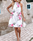 Floral Print Halter Casual Pleated Dress