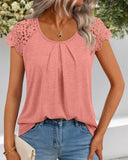Contrast Lace Round Neck Short Sleeve Ruched Top Casual Slim Fit T Shirt