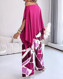 Cold Shoulder Batwing Sleeve Top and Colorblock Wide Leg Pants Set