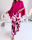 Cold Shoulder Batwing Sleeve Top and Colorblock Wide Leg Pants Set