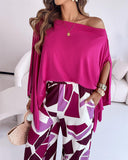 Cold Shoulder Batwing Sleeve Top and Colorblock Wide Leg Pants Set