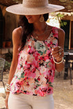 Pink Floral Round Neck Twisted Cut Out Back Tank Top