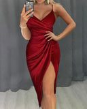 V Neck Spaghetti Strap Ruched High Slit Wrap Bodycon Party Dress