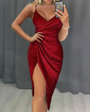 V Neck Spaghetti Strap Ruched High Slit Wrap Bodycon Party Dress