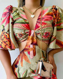 Tropical Print Plung V Neck Bell Sleeve Mini Dress Casual Hollow Out Tied Detail Dress