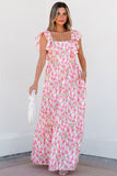 Pink Floral Print Square Neck Ruffled Strap Maxi Dress