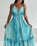 Floral Print V Neck Lace Up Spaghetti Strap Maxi Dress Casual A Line Smocked Dress