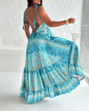 Floral Print V Neck Lace Up Spaghetti Strap Maxi Dress Casual A Line Smocked Dress