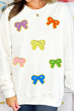 White Chenille Bowknot Patched Graphic Crewneck Sweatshirt