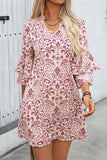 Pink Paisley Print Tiered 3/4 Sleeve Notched Neck Mini Dress