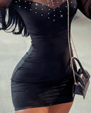 Rhinestone Sheer Mesh Patchwork Bodycon Dress