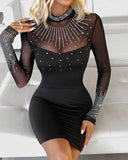 Rhinestone Sheer Mesh Patchwork Bodycon Dress