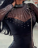 Rhinestone Sheer Mesh Patchwork Bodycon Dress