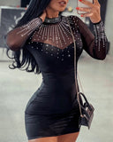 Rhinestone Sheer Mesh Patchwork Bodycon Dress