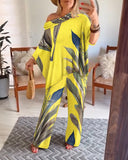 2 Pieces Outfit Plants Print Cold Shoulder Batwing Sleeve Top and Casual Wide Leg Pants Set