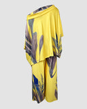 2 Pieces Outfit Plants Print Cold Shoulder Batwing Sleeve Top and Casual Wide Leg Pants Set