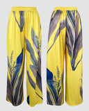 2 Pieces Outfit Plants Print Cold Shoulder Batwing Sleeve Top and Casual Wide Leg Pants Set