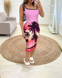 Tropical Landscape Print Contrast Binding Bodycon Dress