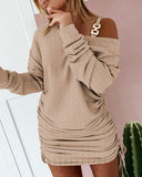 Drawstring Ruched Long Sleeve Chain Decor Textured Dress