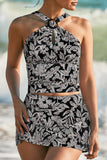 Black Abstract Printed Buckle Crossed Straps Skirted Tankini 2pcs Swimsuit