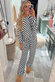 Black Checkered Print Long Sleeve Top and Pants Lounge Set