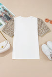 White Leopard Patchwork Crochet Lace Trim Puff Sleeve T Shirt