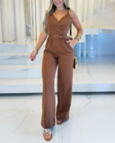 Plain Spaghetti Strap V Neck Back Zipper Jumpsuit Casual Pocket Design Romper