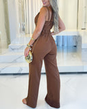Plain Spaghetti Strap V Neck Back Zipper Jumpsuit Casual Pocket Design Romper