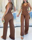 Plain Spaghetti Strap V Neck Back Zipper Jumpsuit Casual Pocket Design Romper