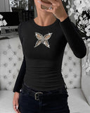 Rhinestone Decor Butterfly Hollow out Long Sleeve Top Slim Fit Ribbed Layering Top